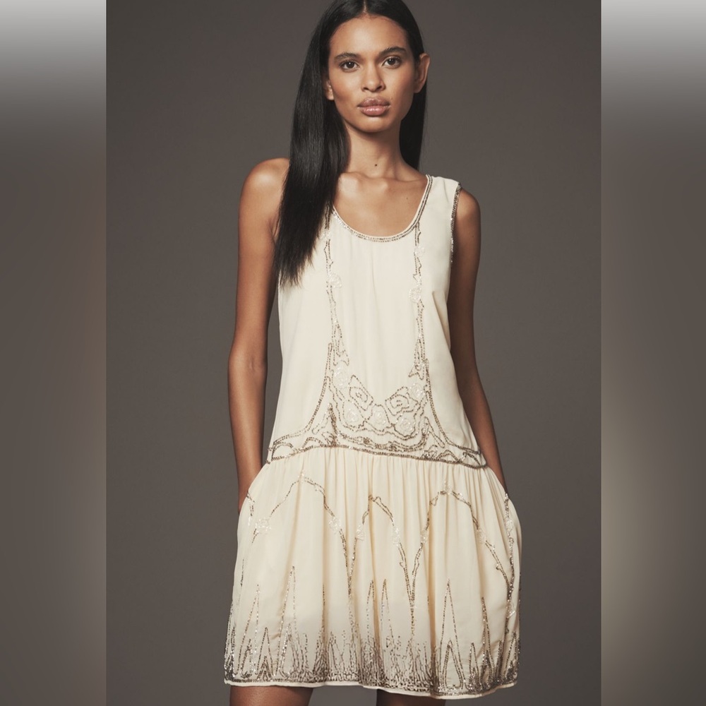 Beaded Ivory Sleeveless Drop-Waist Romper